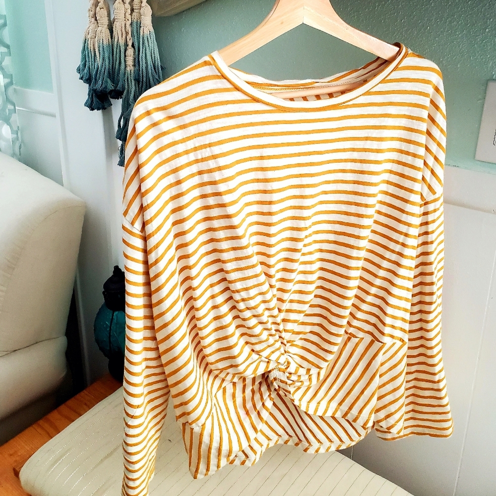 Yellow and white stripped cropped/twisted top